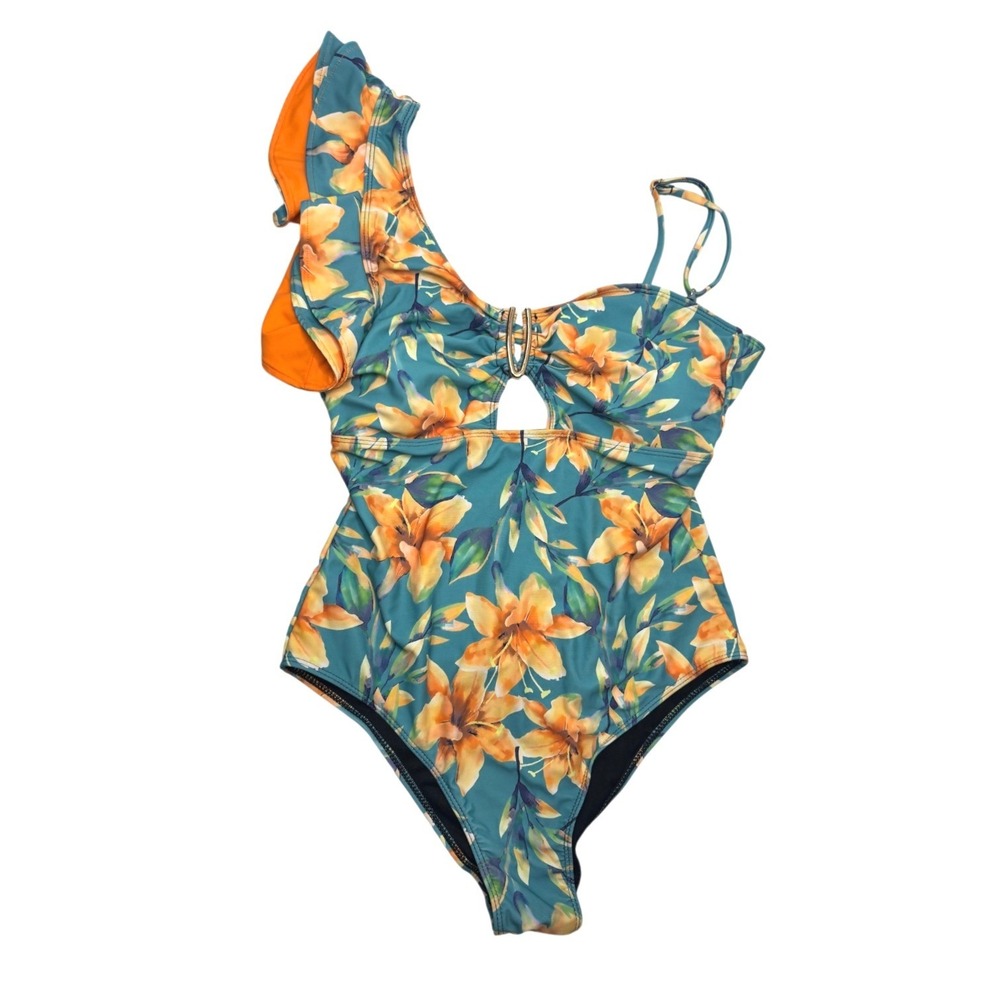 Flaxmaker One Piece Swimsuit Women Large‎ Teal Orange Floral Ruffle Swimwear